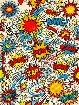 Dynamic Pop Art explosion pattern background. Retro comic book sound effects. Seamless vector illustration with bang, zap, bow, boom, and krak on colorful stars