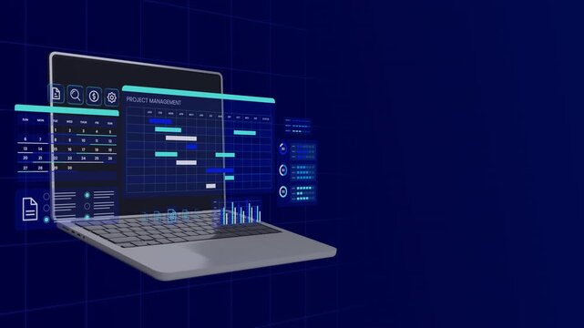 Open laptop displaying digital project management dashboard with schedule calendar and gantt charts.