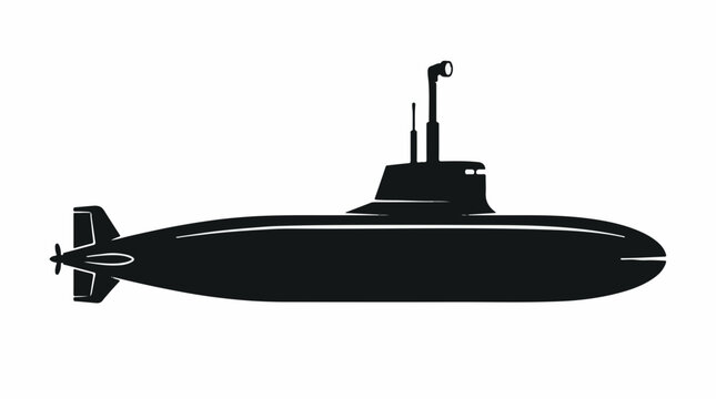 Minimalist black submarine silhouette facing right isolated against clean white background for modern marine design with submarine raised periscope