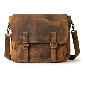 Vintage distressed brown leather messenger shoulder bag with buckle straps displayed on plain white background shows classic mens daily business and casual accessory