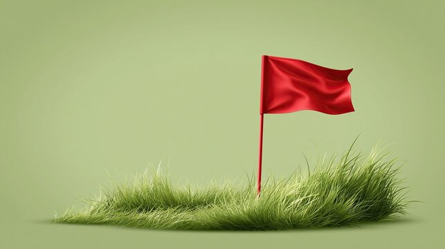 Waving solid red flag standing on patch of green grass against plain soft light green background represents victory goal and achievement concept