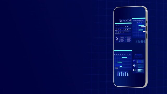 Mobile phone interface displaying project management calendar, workflow gantt, and task status lists.