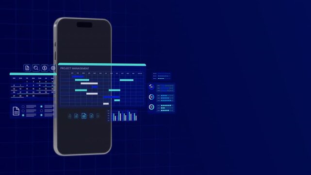 Standing smartphone displaying blue digital project management schedule with floating calendar UI.