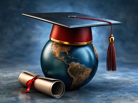 World globe wearing black graduation cap with red tassel next to rolled diploma scroll with red ribbon represents global education and international study concept