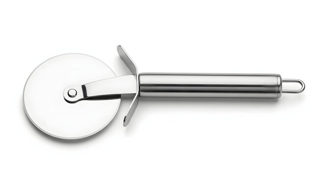 Stainless Steel Pizza Cutter Wheel Tool, Chrome Food Slicer, Kitchen Cooking Utensil, Metal Roller Blade, Bakery Equipment Isolated on White