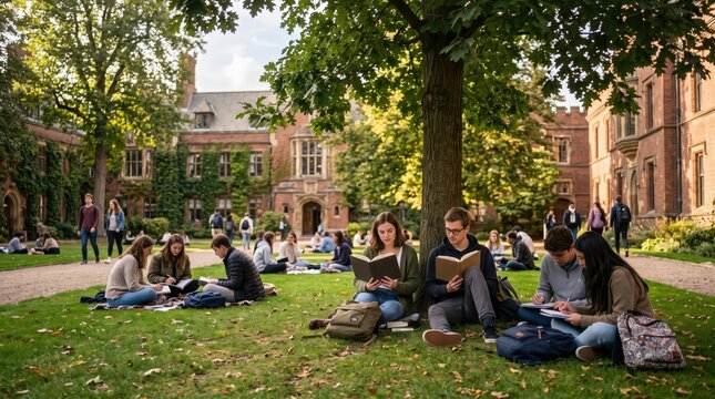 Group of students studying and socializing on college lawn under large tree in historic campus courtyard during sunny autumn day, relaxed academic atmosphere for learning