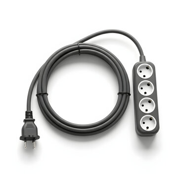 Black extension cord with four sockets, coiled power strip, grey electric plug, home and office electrical accessory, white background