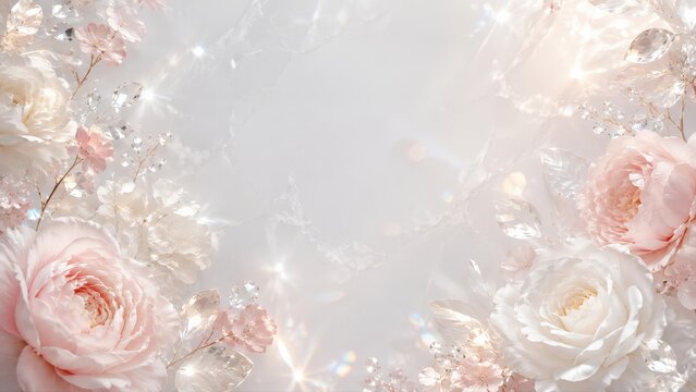 Pink Roses and Shimmering Crystals Background with Copy Space