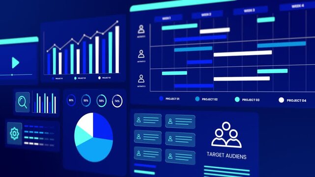 Angled perspective of digital dashboard tracking project timeline, target audience segmentation, and stats.