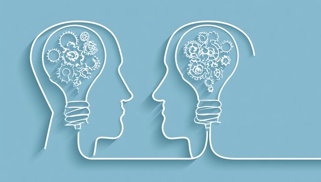 Vector of two human heads made of gears with light bulb shape inside