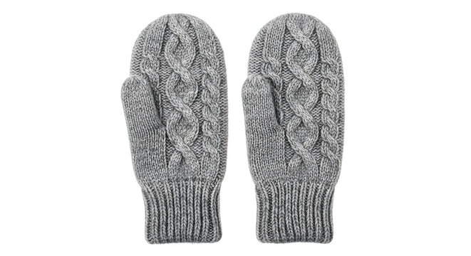 Gray knitted mittens with cable knit pattern, winter cold weather gloves, cozy wool fashion accessory, hand protection apparel