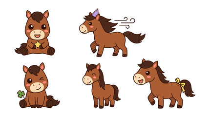 Obraz premium Cute Brown Horse Vector Character Set featuring Kawaii Pony Sitting with Star, Running with Party Hat, Winking with Clover, and Tail Ribbon Details