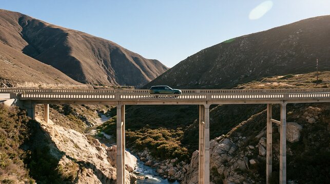 Dark green modern crossover suv driving on concrete highway bridge across rocky mountain river valley on bright sunny clear day shows road trip and outdoor travel adventure concept