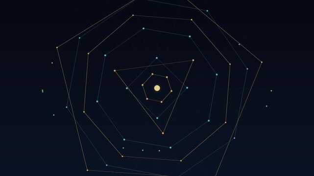 Hexagonal grid network pulses with glowing central node in dark futuristic tech animation