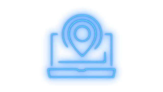 Colorful neon icon representing a laptop computer with a GPS location pin pointer on screen for navigation web search and online tracking isolated on transparent background