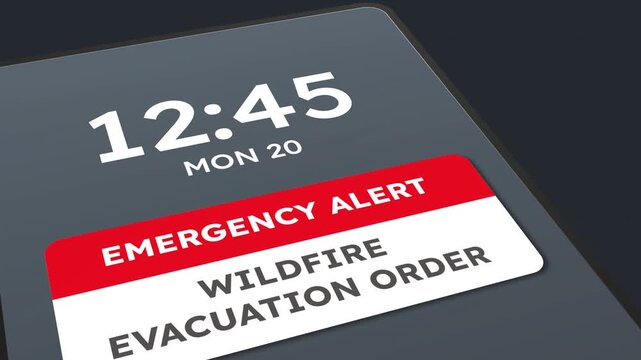 Wildfire evacuation order emergency alert on a smartphone lock screen, mandatory evacuation and disaster warning