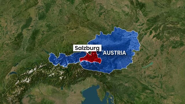 Salzburg region highlighted on animated Austria map zooming into Europe