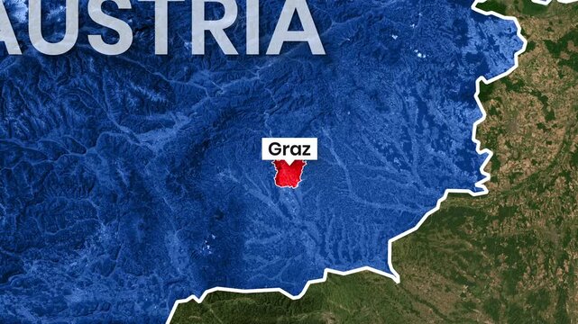 Animated map footage highlighting austria and the city of graz location