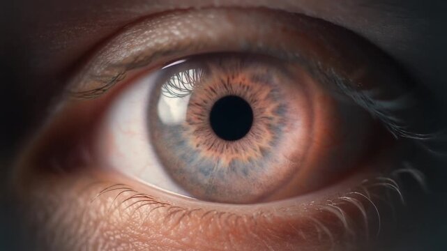 Extreme macro footage of a single beautiful healthy human eye with a muted dusty-rose iris for national eye exam month