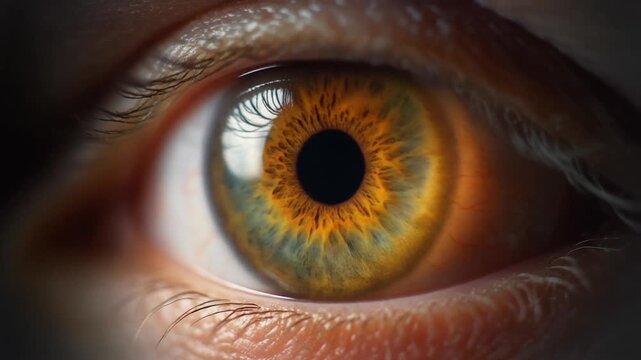 Extreme macro footage of a single beautiful healthy human eye with a warm honey-gold iris for national eye exam month
