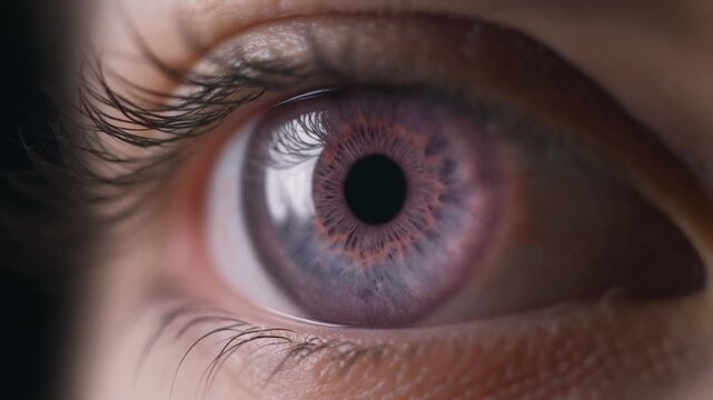 Extreme macro footage of a single beautiful healthy human eye with a sophisticated mauve iris for national eye exam month