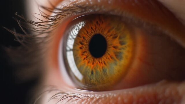 Extreme macro footage of a single beautiful healthy human eye with a rich burnt-orange iris for national eye exam month