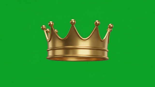 A plain golden metallic crown rotating smoothly on a vibrant chroma key green screen background for easy visual effects integration