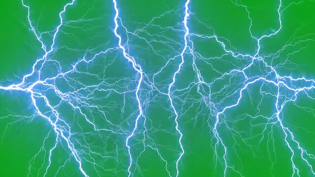 Abstract electric shock pulses and bright blue lightning discharge flickering across a bright green screen background for visual effects compositing