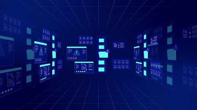 Virtual room environment with floating blue digital warning screens and file folder alert panels.