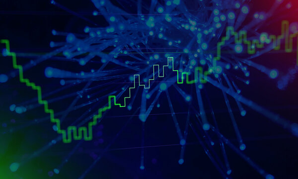 Futuristic digital stock market chart with glowing green trading trends overlaid on abstract science network technology background.