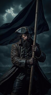 Bearded male pirate captain gripping tall flagpole on stormy ocean deck with dark tricorn hat and leather coat conveying commanding nautical presence and danger