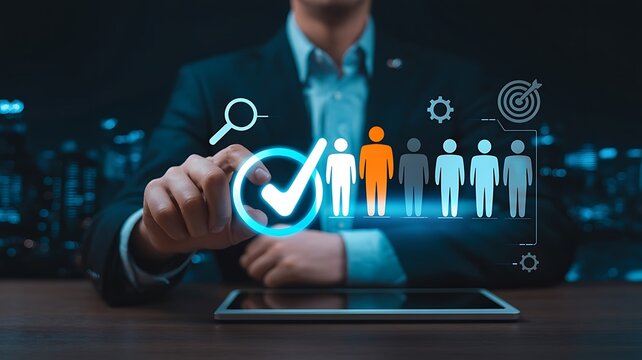Business man touching virtual screen for human resource management, quality people selection, and digital recruitment process with glowing data.