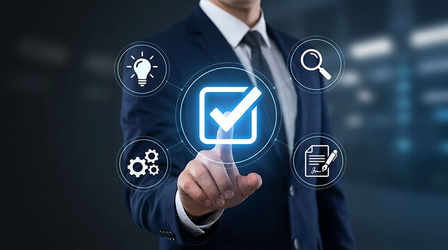 Businessman selecting check mark icon for quality control and business standard
