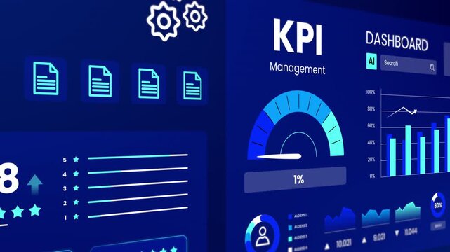 Blue corporate dashboard tracking key performance indicators, speed meter gauge, and analytics bar charts.