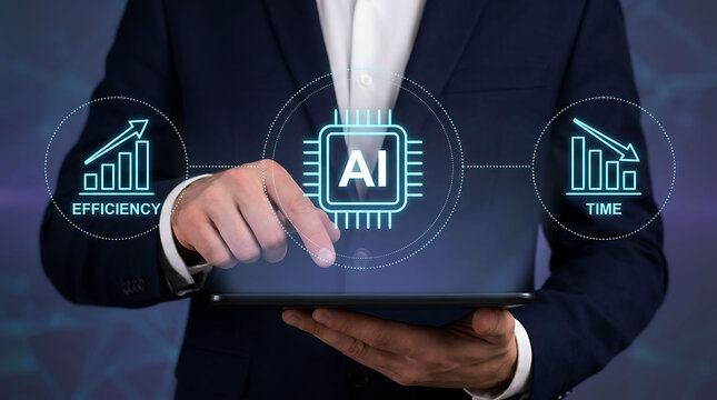 Businessman using AI technology on tablet to increase efficiency and reduce time