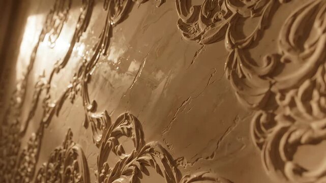 Artistic beige Venetian plaster wall with intricate textured patterns and subtle light shifting across the surface in a high angle view