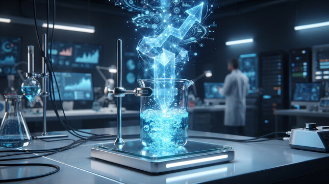 AI-Powered Scientific Innovation: Digital Growth Data Rising from Laboratory Beaker in Futuristic Biotech Research Cente