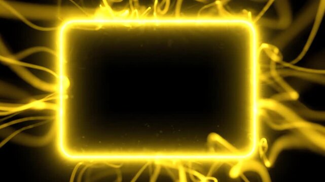 Cinematic low angle shot of a bright neon yellow rectangular frame with rounded corners glowing intensely against a pitch black background with soft light trails