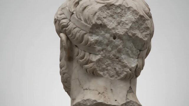 Cinematic rotation of a weathered Roman marble bust fragment showing detailed cracks and ancient decay on a pure white background
