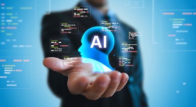 Programmer hand holding AI agent hologram. Artificial intelligence software projects code generation network for intelligent application development, automated test analysis, and system workflow.