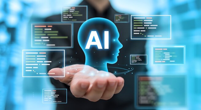 Programmer hand holding AI agent hologram. Artificial intelligence software projects code generation network for intelligent application development, automated test analysis, and system workflow.