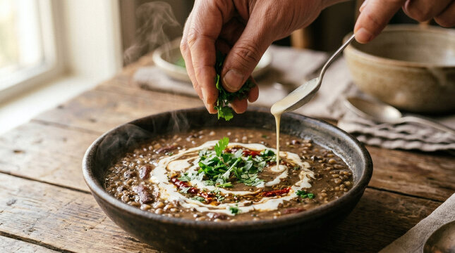Langar wali dal garnished with fresh cream and coriander on rustic table