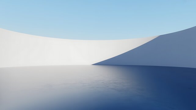 Abstract 3D render of white curved architectural wall on reflective floor with blue sky background. Minimalist futuristic outdoor space