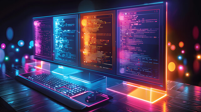 Futuristic computer workstations with multiple screens displaying programming code on glowing neon desk