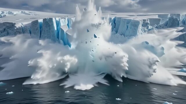 Dramatic timelapse of a massive arctic glacier wall calving into the deep blue ocean creating a powerful splash and ripples