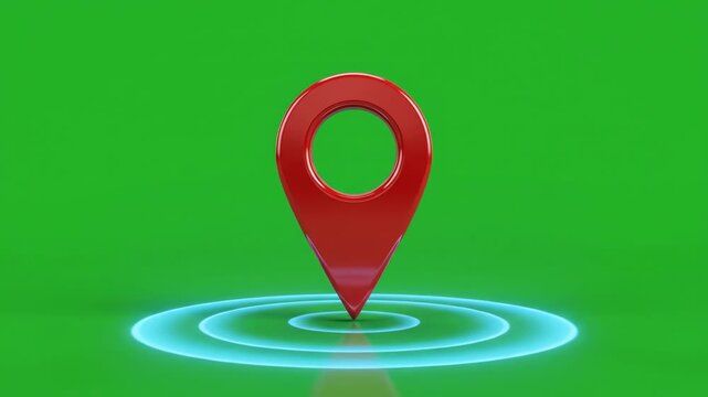 Dynamic 3D map marker pin falling and bouncing on green screen background for navigation and location tracking concept