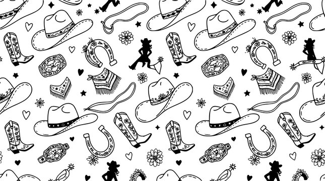 Feminine Pink Cowgirl Hat Boots Horseshoe and Western Fashion Seamless Pattern