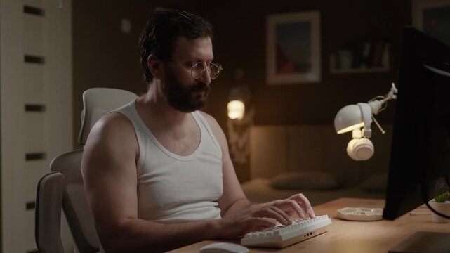 Real freelancer at work. Man with glasses in white tank top working on computer and typing on keyboard