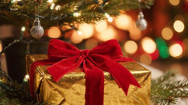 Festive holiday gift box with elegant red ribbon bow placed under a small potted spruce tree with twinkling lights background