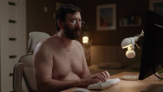 Real freelancer at work. Topless man with glasses working on computer at night and typing on keyboard
